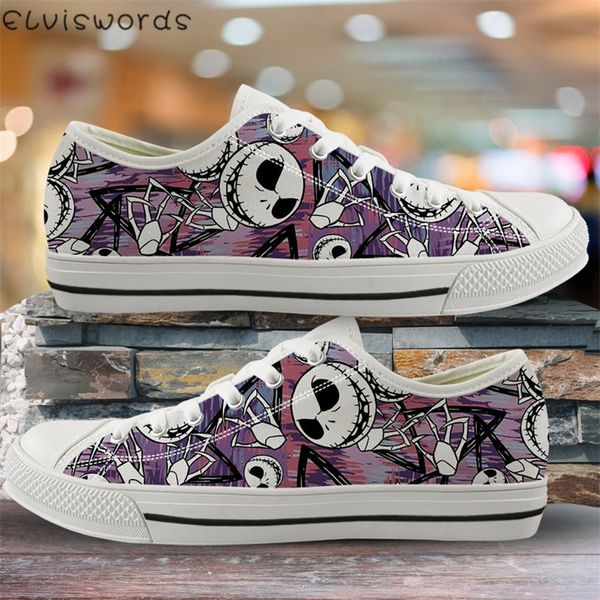 

elviswords skull print breathable women flats casual shoes the nightmare before christmas vulcanized shoes students canvas shoes, Black