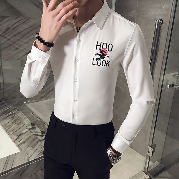 

business men shirt fashion rose flower embroidery men dress shirt long sleeve all match slim fit club tuxedo shirts, White;black