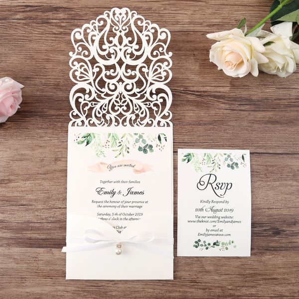 

100pcs white new arrival horizontal laser cut wedding invitations with rsvp card,pearl ribbon,cw25001b,customizable