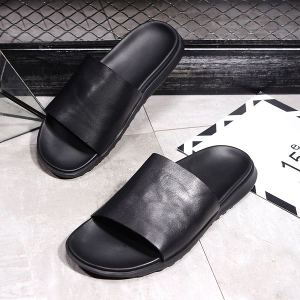 

summer new men fashion beach casual sandal luxury slippers men shoes concise popular flat cowhide leather slippers sandals, Black