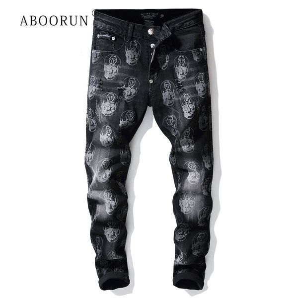 

aboorun skull printed jeans men black stretch casual slim fit denim pants winter new pencil jeans male r1710, Blue