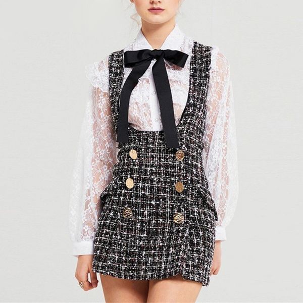 

2019 autumn winter 2 piece set dress women ruffles bow shirt lace plaid sleeveless tweed vest dress double breasted overalls, Black;gray