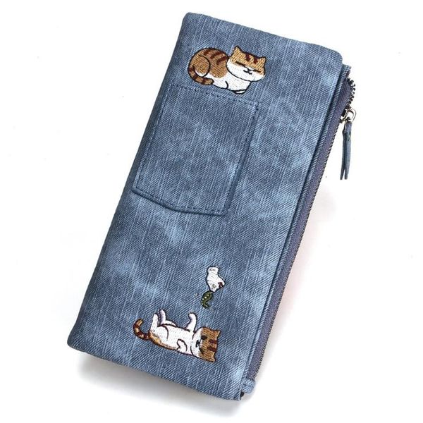 

women long wallet teenage girls cat embroidery canvas coin purse card holder ladies large capacity fashion jeans style money bag, Red;black