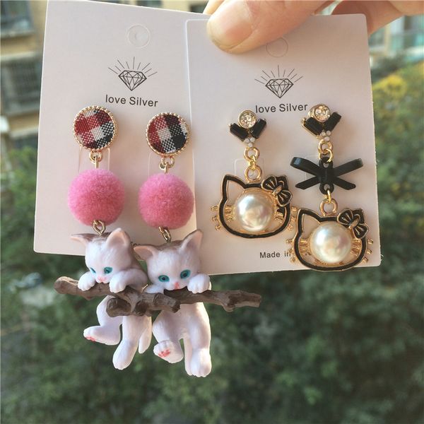 

original baochai (money) cat sen hair ball branch cat girl heart ear studs female hello kitty cartoon earrings jewelry, Silver