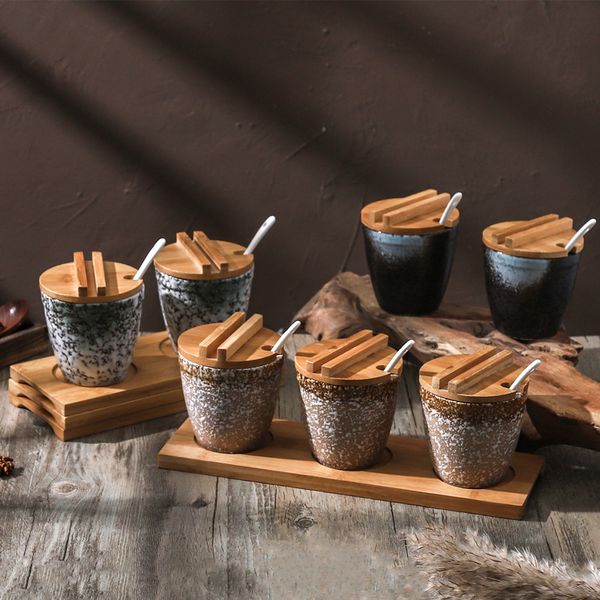 

bamboo wood ceramics condiment barrel shape spice jars sauce pot set salt pepper shakers seasoning sprays cooking kitchen tool