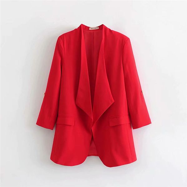 

deat 2020 новая весна лето мода уличный стиль зубчатый тонкий длинный рукав пряжки бесплатно сплошной цвет свободные пиджак женщины sb283, White;black