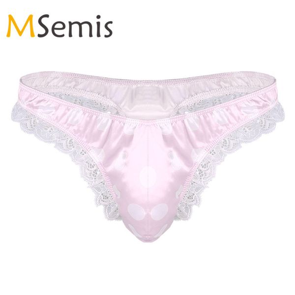 

msemis mens sissy panties lingerie shiny satin ruffle lace polka dots bikini g-string thong underwear high cut pouch underwear, Black;pink