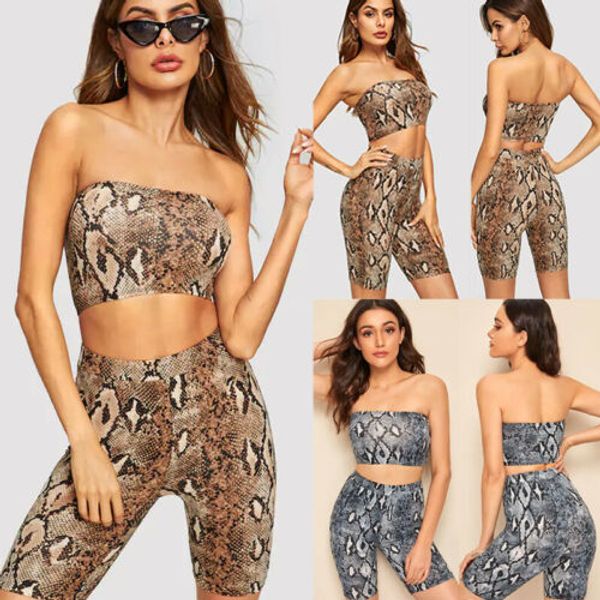 

2pcs women set outfit running strapless sportwear workout fitness snakeskin print set high waist tracksuit suit, White;red