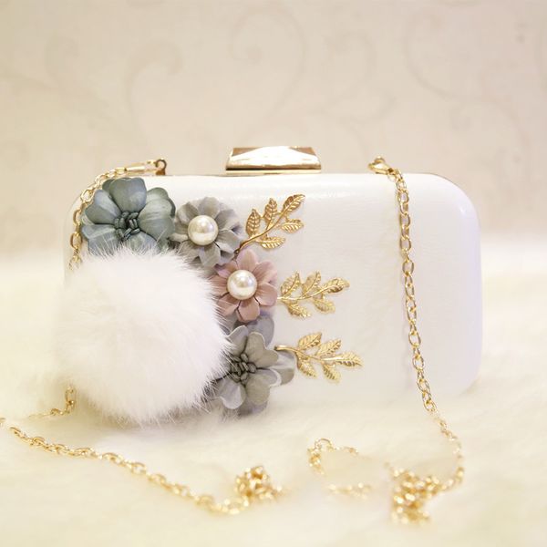 Elegant Ladies Flower Fur Ball Evening Clutch Bag With Chain Shoulder Tote Bag Women S Handbags Purse Wallet For Wedding Beach Bags Designer Bags From