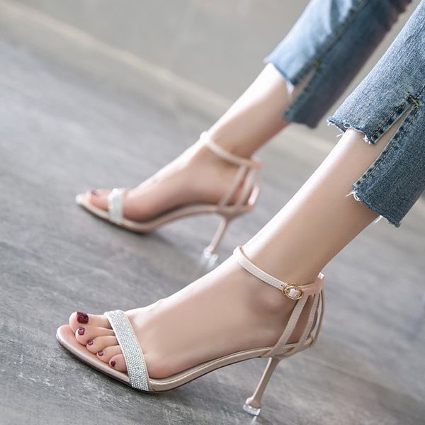 

2019 summer new rhinestone word with open toe sandals female hollow buckle stiletto net red high heels women, Black