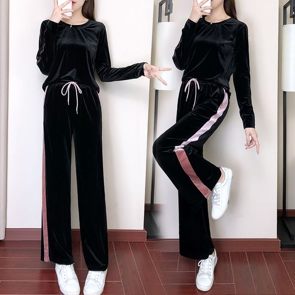 

gold velvet tracksuit for women 2019 spring new long sleeve wide leg pants casual suit fashion two piece set plus size, White