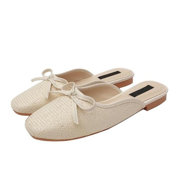 

weave summer slippers slides shoes bow knot mules shoes squre toe slippers lady flats pointed toe women black beige