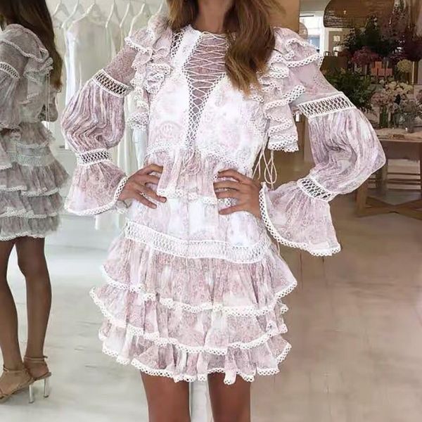 

print hollow out women dress high waist o neck ruffles flae sleeve mini dresses female spring 2019 fashion new, Black;gray