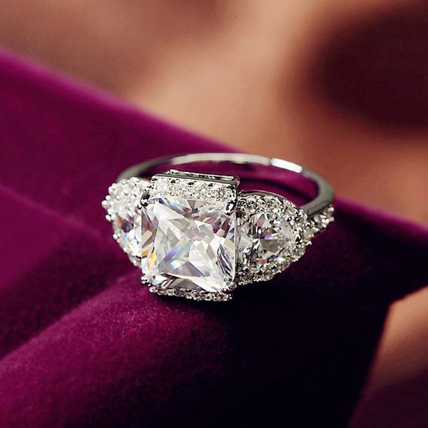 

female small square heart ring 925 silver love engagement ring vintage zircon stone wedding rings for women, Slivery;golden