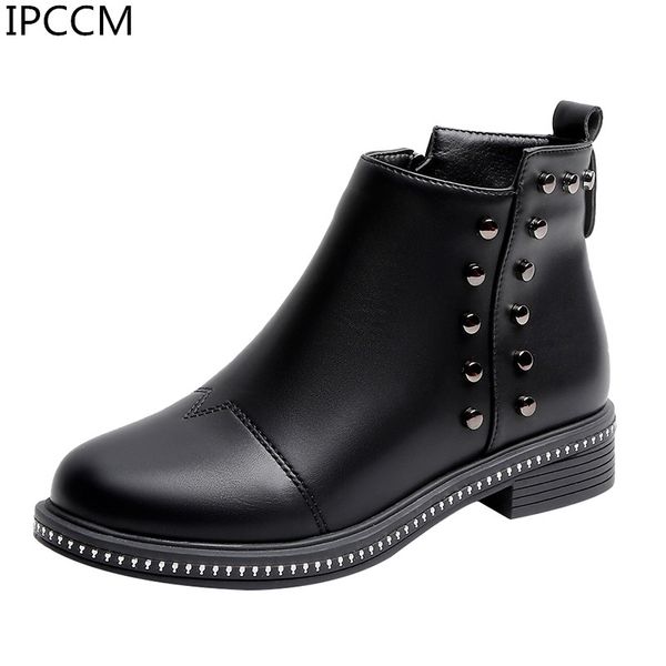 

2019 winter new british style boots fashion plus velvet students warm side zipper rivets crude heel women's short boots, Black