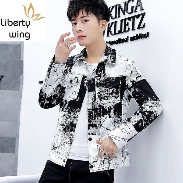 

personality men printing jacket autumn long sleeve cowboy outerwear street fashion single breasted slim denim coat male, Black;brown