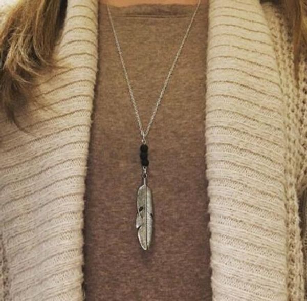 

jg1 vintage lava rock bead feather leaves tassel long chain pendant necklace sweater black lava pendant women fashion jewelry k3613, Silver