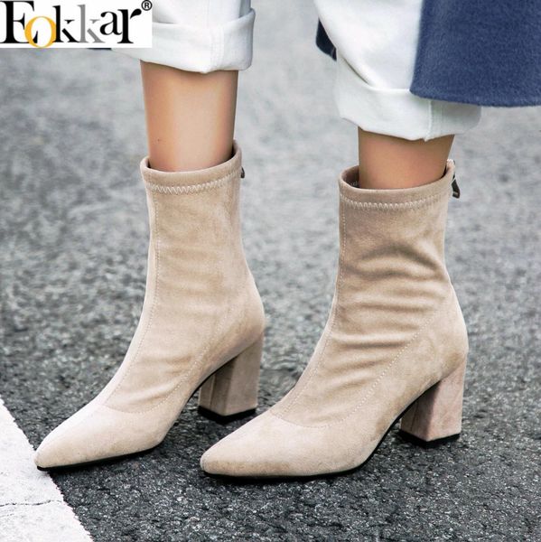 

eokkar 2020 pointed toe black women ankle boots warm thigh high boots hoof heels high heel lady mid calf winter shoes size 34-44