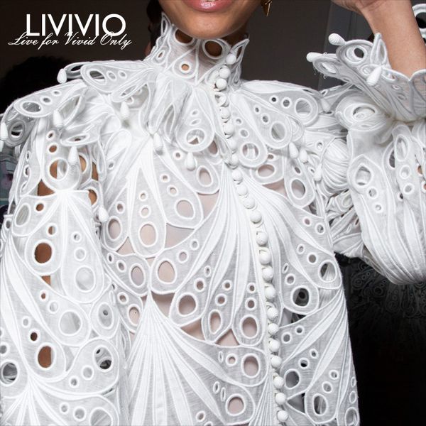 

livivio] vintage hollow out lace ruffled shirts female stand neck flare long sleeve irregular blouse women fashion clothing new, White