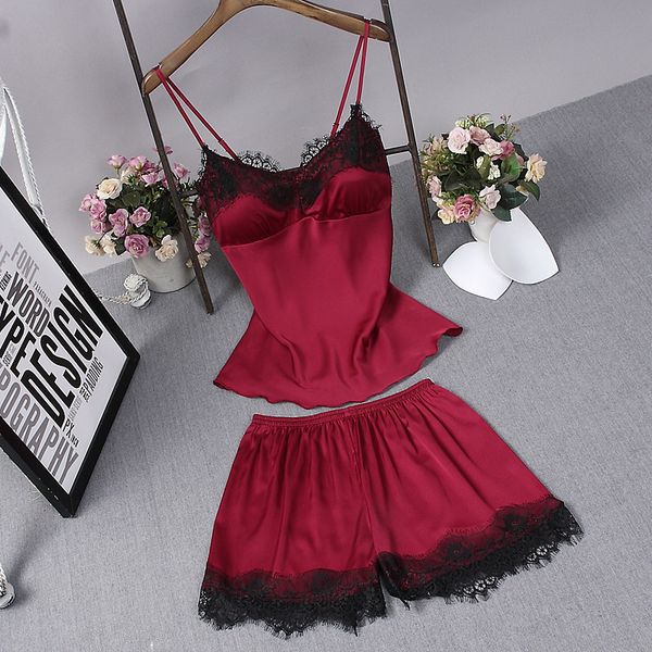 

women pajamas satin sleepwear spaghetti strap with chest pads silk pijama lace sleep lounge nightwear pyjama home clothing, Black;red