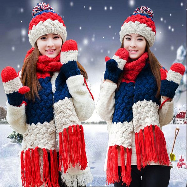 

hat scarf glove set women winter warm pompoms wool knitted beanies patchwork tassels crochet baggy long scarves x-mas gift, Blue;gray