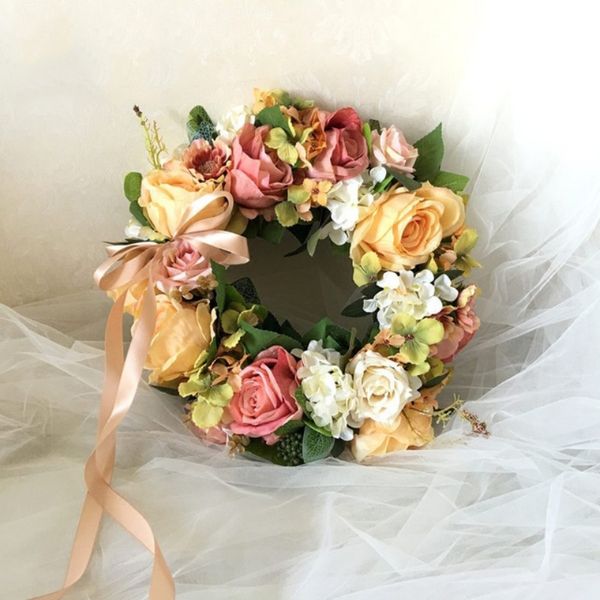 

38cm artificial rose flowers wreath beautiful wedding party round shape floral loop farmhouse decor home hanging decoration