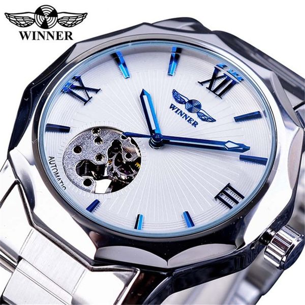 

2018 winner brand automatic skeleton man clock fashion silver business full stainless steel relojes hombre mechanical watch, Slivery;brown