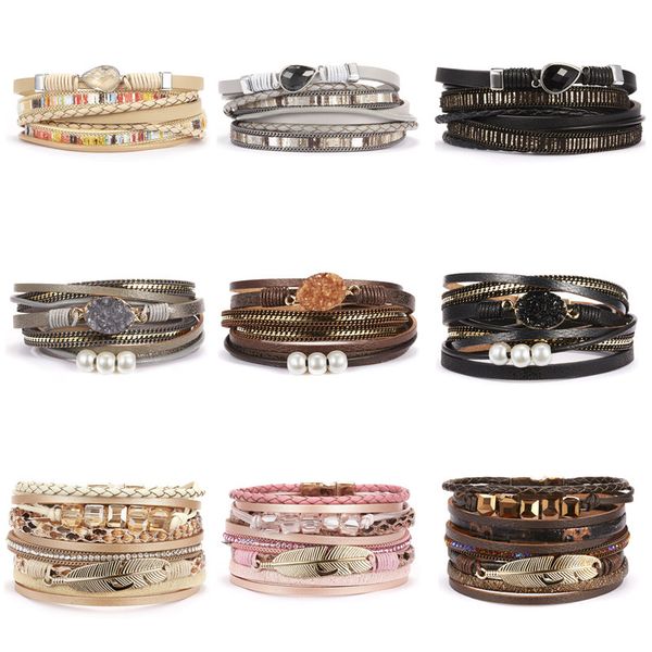 

2020 fashion multilayer leather bracelet for women men pearl feather multilayer handmade woven magnetic buckle bracelet jewelry, Black