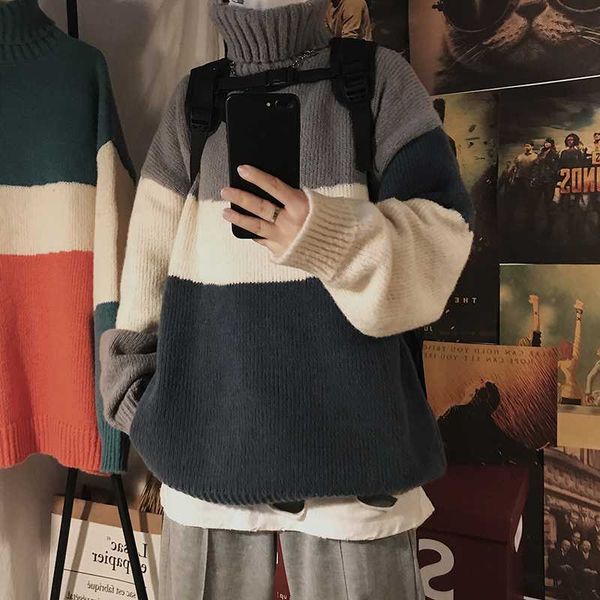 

winter thick turtleneck sweater men warm fashion contrast color knitted pullover men wild loose casual male sweter clothes -2xl, White;black