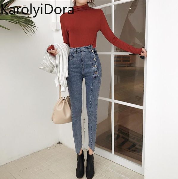 

jeans women's fashion 2020 spring new korean retro-breasted high waist jeans slim stretch feet pencil pants, Blue