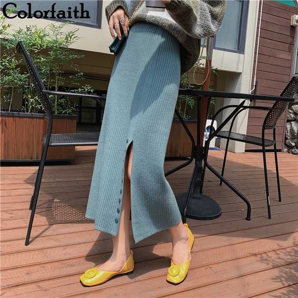 

colorfaith новый 2020 осень зима женщины вязаные юбки split кнопка ladies пакет hip высокой талией повседневная мода midi sk7034, Black