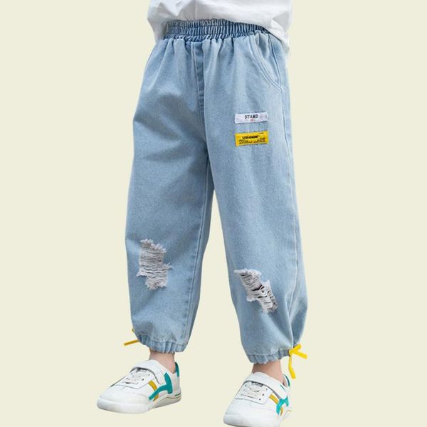 

jeans for boys hole boy child ripped jeans summer trousers for children letter children's clothes 6 8 10 12 14, Blue