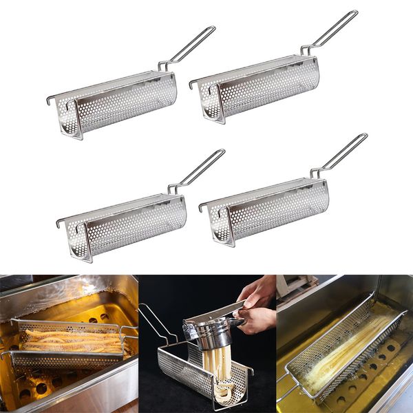 

4-pack large fried food frying basket strainer filter with handle, french fry / chicken / chips cooking serving utensil kitchen restaurant