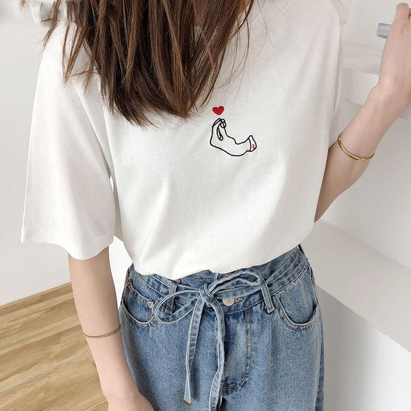 

refill embroidered women t-shirt 2020 spring summer short sleeve loose cotton female basic shirt ladies tees, White
