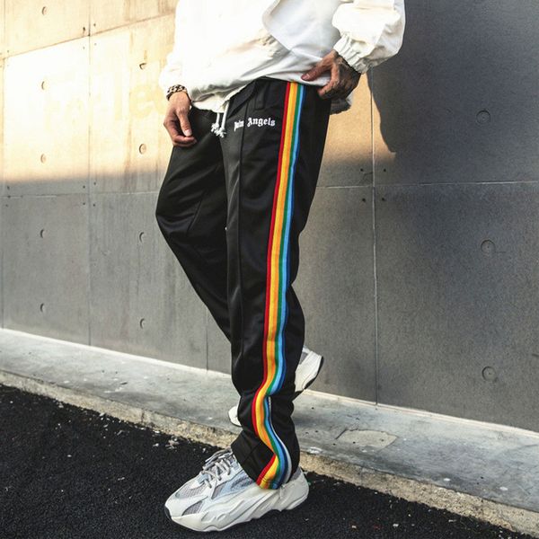 

Palm Angels Mens Designer Pants Rainbow Colors Striped Casual Pants Leg Opening Zipper Fashion Sports Pants