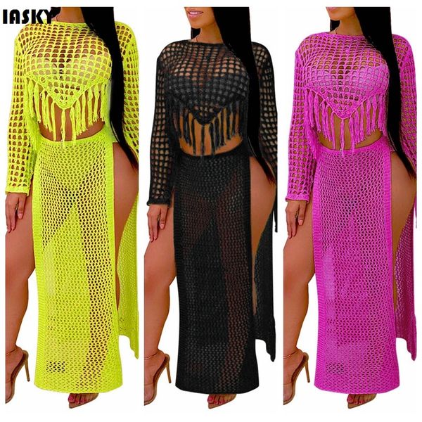 

iasky 2019 new crochet fish net beach dress cover ups women knitted tassel long skirts bikini swimsuit cover up, Blue;gray