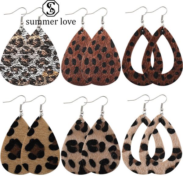 

new arrival leopard print leather earring for women girl hollow waterdrop faux fur leather hook dangle earring fashion jewelry gift, Golden;silver