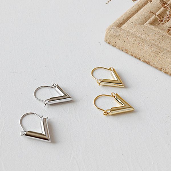 

925 sterling silver triangle hollow round tube hoops smooth earring gold earring geometry buckle elegant women everyday, Golden;silver