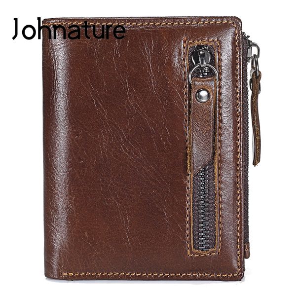 

johnature multi-card genuine leather men wallets 2019 new casual cowhide coin purse double zipper small wallet male short purses, Red;black