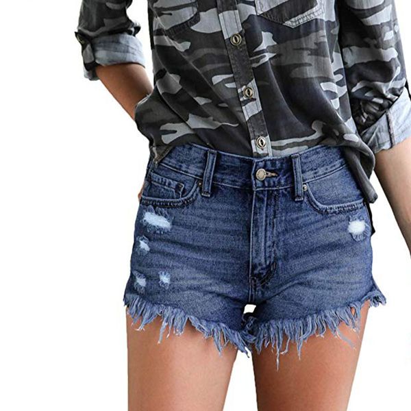 

women's high-waist jeans shorts frayed bottomed hollow jeans shorts, White;red