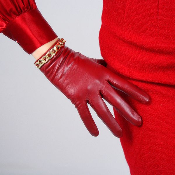 

sheepskin gloves women' leather red mid-length thin velvet lining warm gloves gold chain tb61, Blue;gray