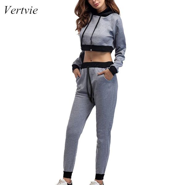 

vertvie 2019 women's hooded sports set with navel high waist belted cotton long sleeve sweatshirt drawstring new sport suit, White;red