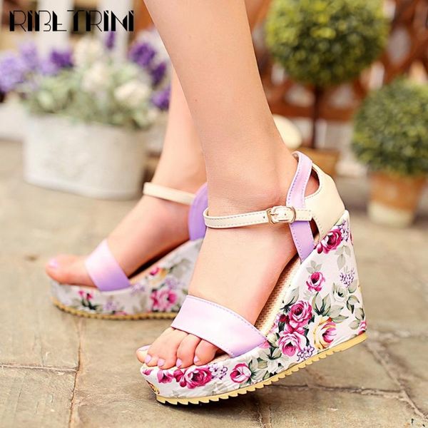 

ribetrini дамы моды цветок печати обувь лето супер высокой клинья женщин сандалии сладкий дата платформы сандалии, Black