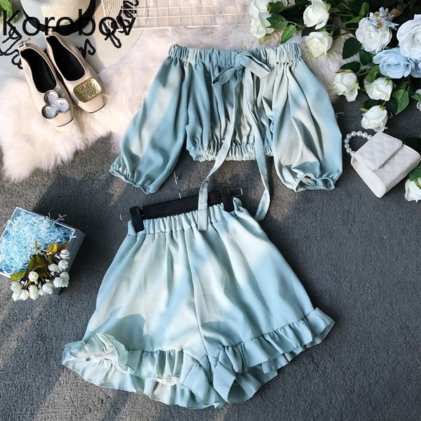 

korobov summer new slash neck lacing bow chiffon blouse + elastics high waist ruffles shorts women 2 piece set 78278, White