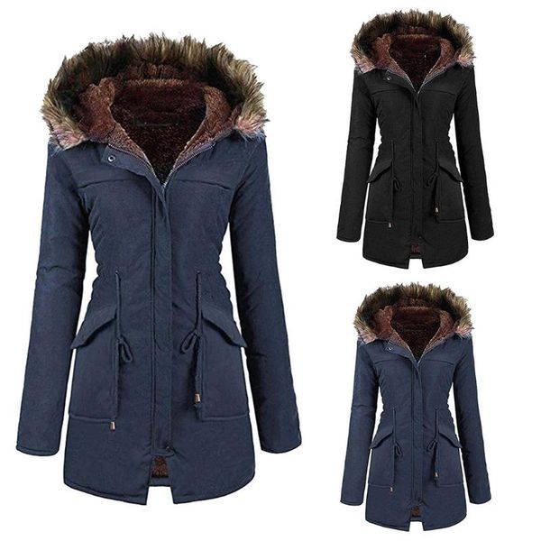 

ladies fur lining coat womens winter warm thick long jacket hooded overcoat w1218, Black