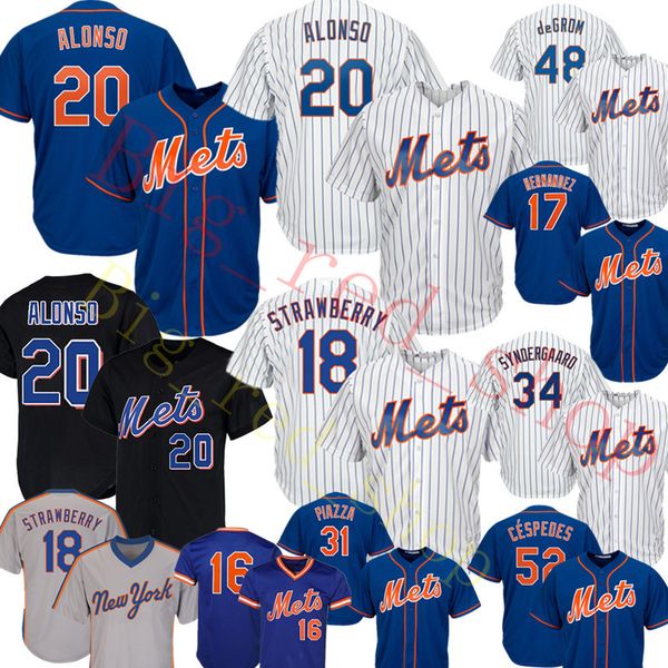 

new york 20 pete alonso mets jersey 48 jacob degrom 31 mike piazza 52 cespedes 18 darryl strawberry hernandez noah jerseys, Blue;black