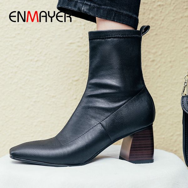 

enmayer 2020 mature genuine leather boots women basic round toe square heel ankle boots for women zip shoes size 34-43, Black