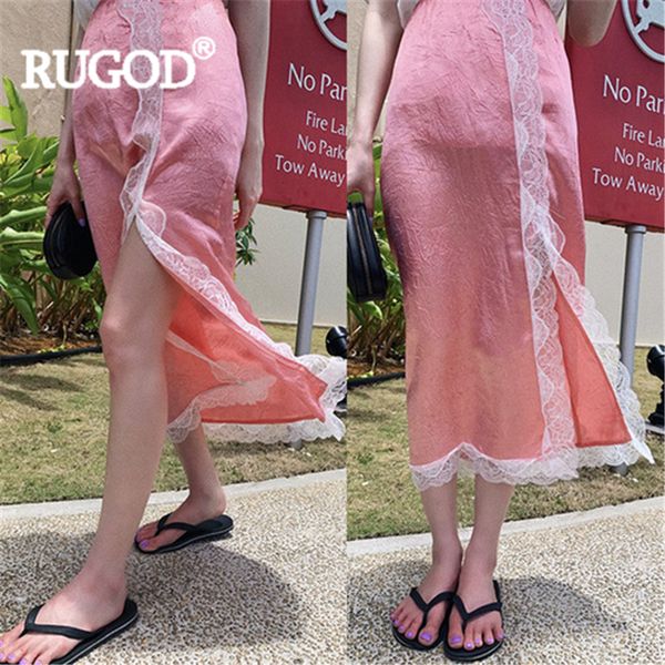 

rugod women solid patchwork lace skirt empire waist slim casual split skirt 2019 new arrival summer fashionable feminine korean, Black