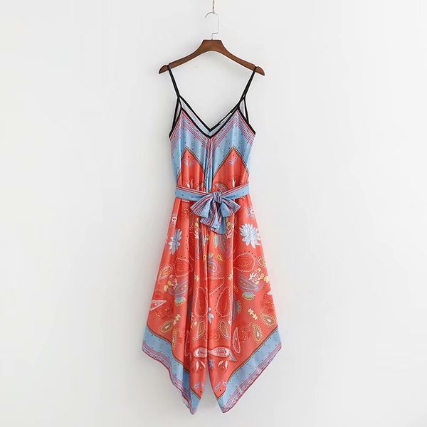 

women retro paisley print v neck calf length backless sleeveless sashes irregular female stylish playsuits, Black;white