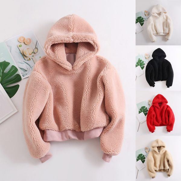 

solid color hooded autumn winter thick warm women's fashion style plush long sleeves hoodie sweatshirt blouse, Black